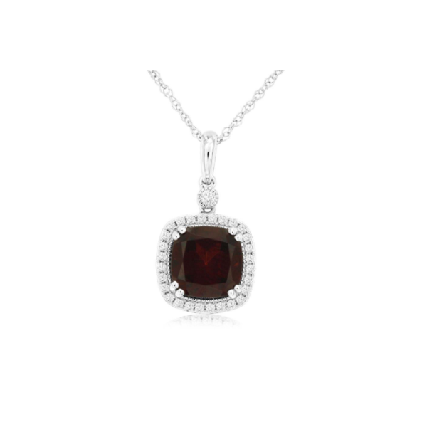 14KW Cushion Cut Garnet and Diamond Halo Necklace Kiefer Jewelers Lutz, FL