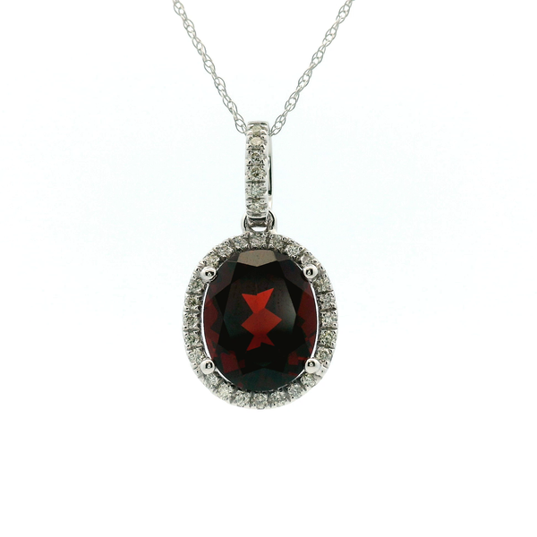14KW Oval Garnet and Diamond Halo Necklace Kiefer Jewelers Lutz, FL