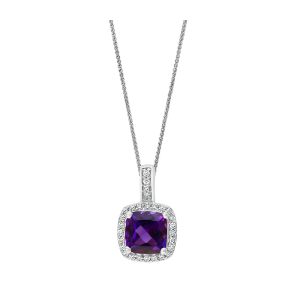 14KW Cushion Cut Amethyst and Diamond Halo Necklace Kiefer Jewelers Lutz, FL
