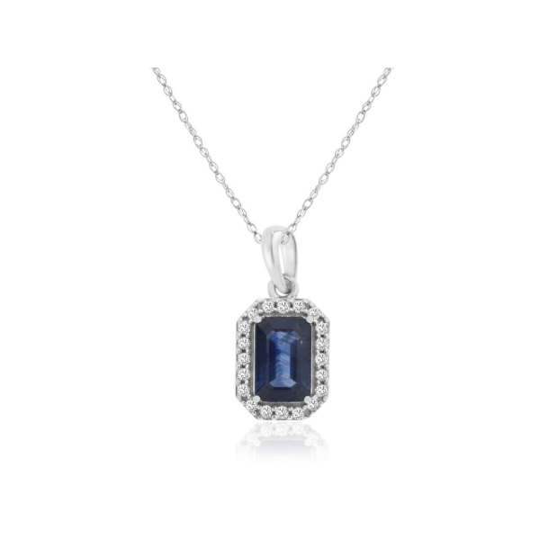 14KW Emerald Cut Sapphire and Diamond Halo Necklace Kiefer Jewelers Lutz, FL