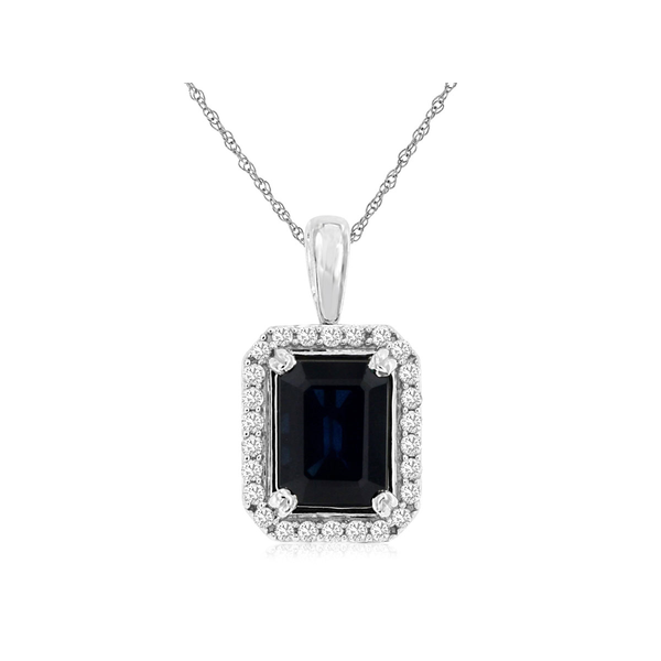 14KW Emerald Cut Sapphire and Diamond Halo Necklace Kiefer Jewelers Lutz, FL
