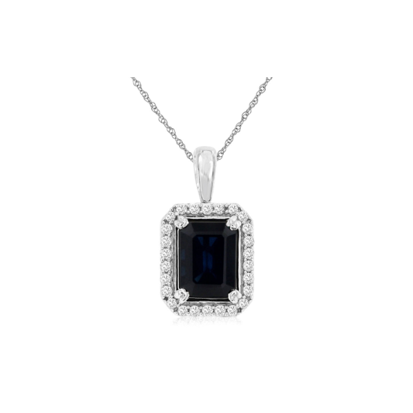 14KW Emerald Cut Sapphire and Diamond Halo Necklace Kiefer Jewelers Lutz, FL