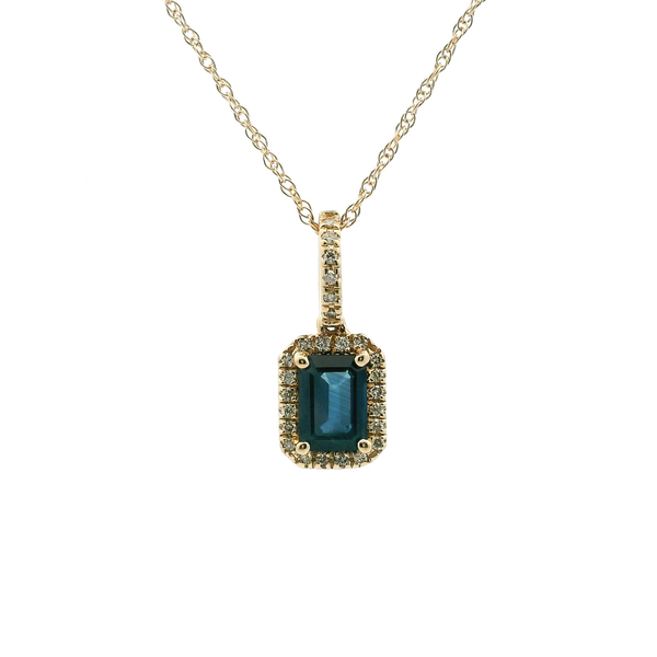 14KY Emerald Cut Sapphire and Diamond Halo Necklace Kiefer Jewelers Lutz, FL