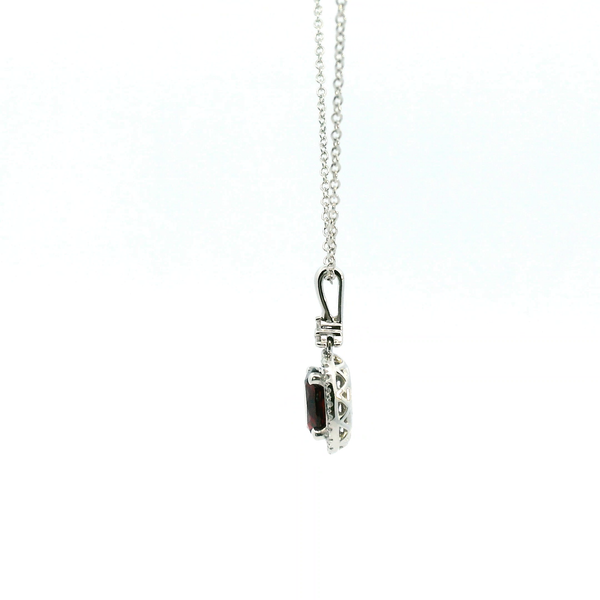 14KW Garnet and Diamond Oval Halo Necklace Image 4 Kiefer Jewelers Lutz, FL