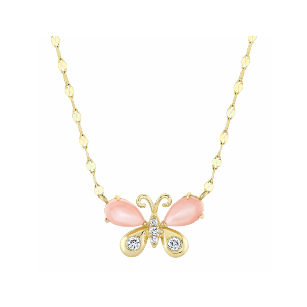 14KY Pink Mother of Pearl and Diamond Butterfly on Sparkle Chain Necklace by Shy Creation Kiefer Jewelers Lutz, FL