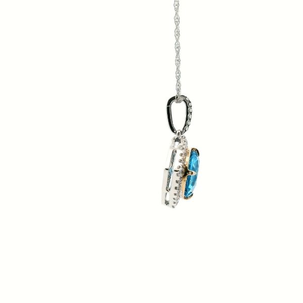 14KYW Swiss Blue Topaz and Diamond Halo Necklace Image 3 Kiefer Jewelers Lutz, FL