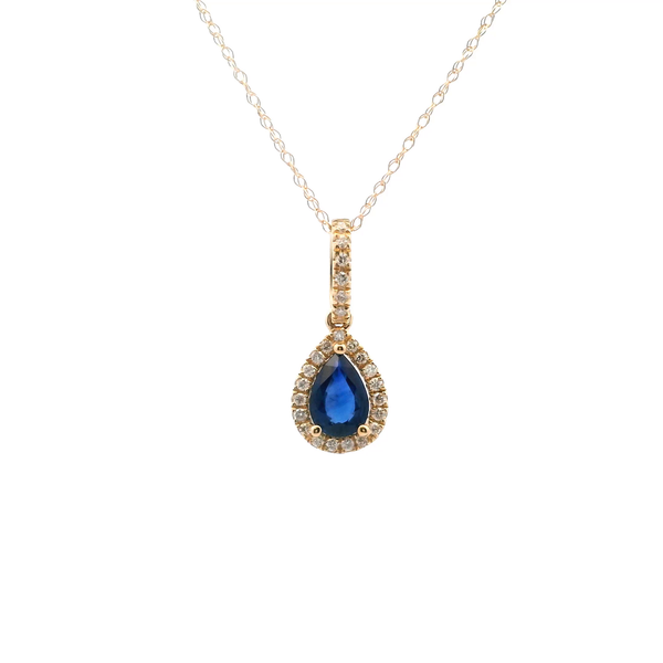 14KY Pear Shape Sapphire and Diamond Halo Necklace Kiefer Jewelers Lutz, FL