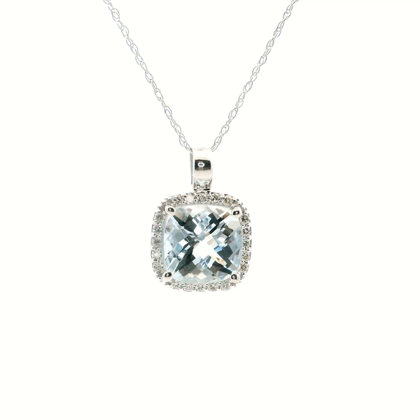 14KW Cushion Cut Aqua Marine and Diamond Halo Necklace Kiefer Jewelers Lutz, FL