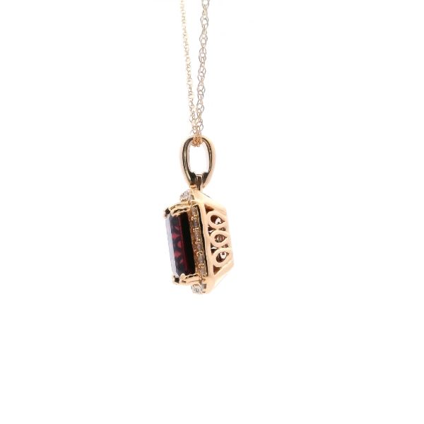 14KY Emerald Cut Garnet and Diamond Halo Pendant Image 3 Kiefer Jewelers Lutz, FL
