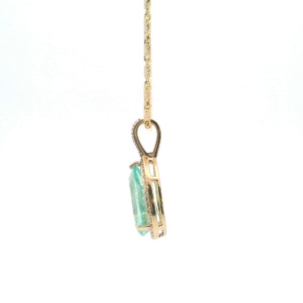 14KY Pear Shape Muzo Emerald and Diamond Halo Pendant Image 3 Kiefer Jewelers Lutz, FL