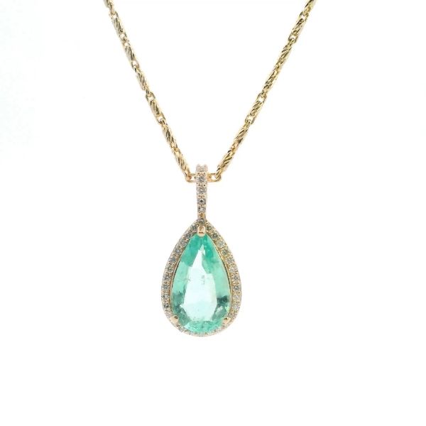 14KY Pear Shape Muzo Emerald and Diamond Halo Pendant Kiefer Jewelers Lutz, FL