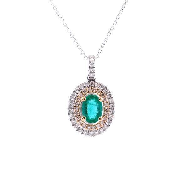 14KYW Oval Emerald and Double Diamond Halo Necklace Kiefer Jewelers Lutz, FL