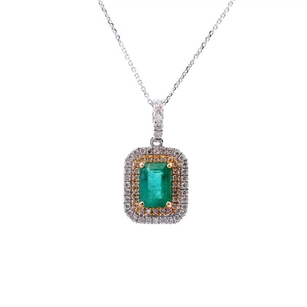 14KWY Emerald Cut Emerald and Diamond Double Halo Necklace Kiefer Jewelers Lutz, FL
