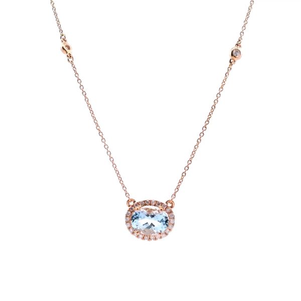 14KR Oval Aquamarine and Diamond Halo Station Necklace Kiefer Jewelers Lutz, FL