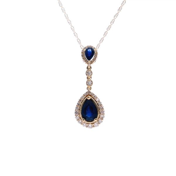 14KY Pear Shape Sapphire and Diamond Vintage Style Drop Pendant Kiefer Jewelers Lutz, FL