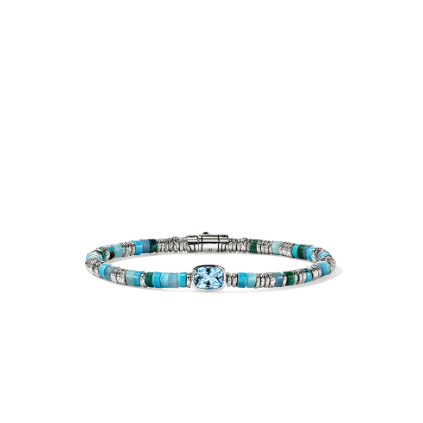 SS Heishi Blue Topaz, Turquoise, Blue Quartz, Amazonite, Treated Blue Magnesite, and Green Chrysocolla Gem Bracelet by John Hardy Kiefer Jewelers Lutz, FL
