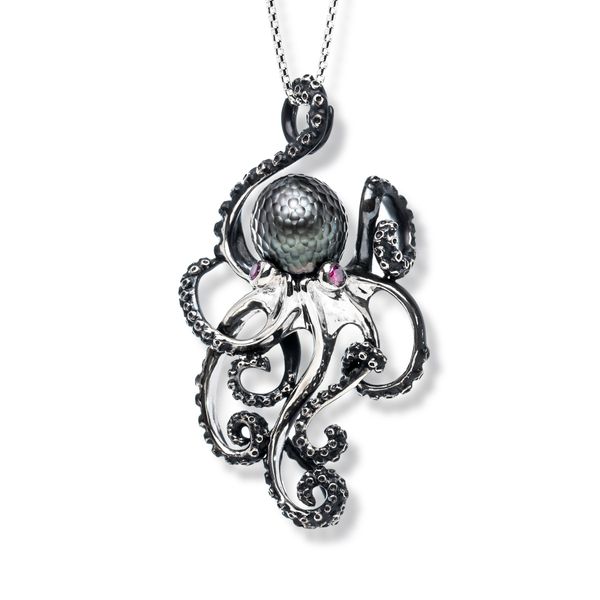 Sterling Silver Tahitian Pearl and Ruby Eyes Octopus Small Pendant Kiefer Jewelers Lutz, FL