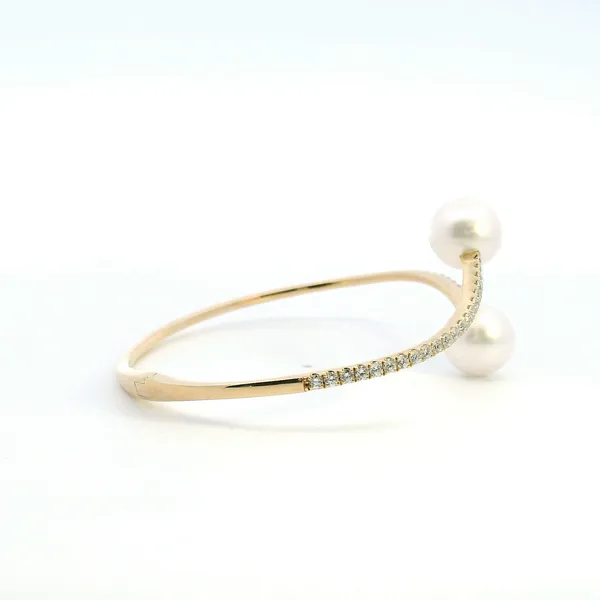 14KY Freshwater Pearl and Diamond Bypass Bangle Bracelet Image 3 Kiefer Jewelers Lutz, FL