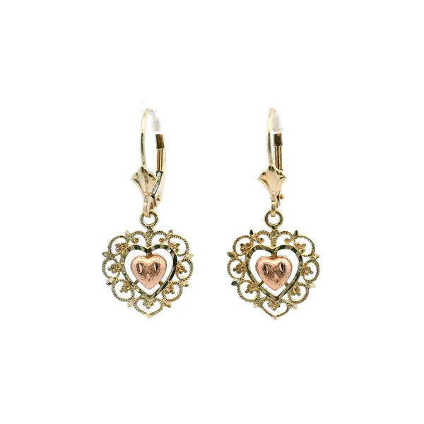 Estate 14KYR Filigree Heart Dangle Earrings