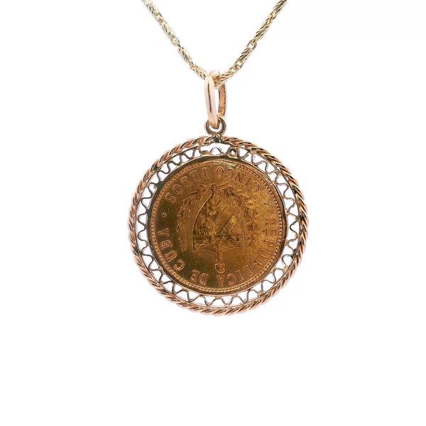 Estate 14KY Framed 1915 Cinco Peso Republica De Cuba Coin Pendant Image 4 Kiefer Jewelers Lutz, FL