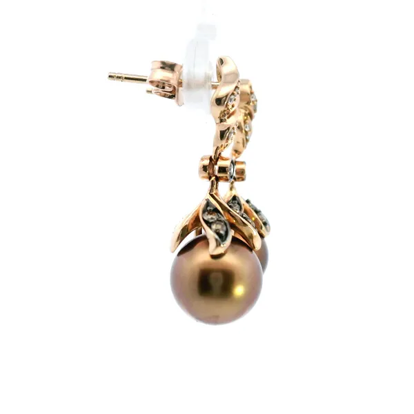 Estate 14KR Brown Pearl and Chocolate Diamond Dangle Earrings Image 3 Kiefer Jewelers Lutz, FL
