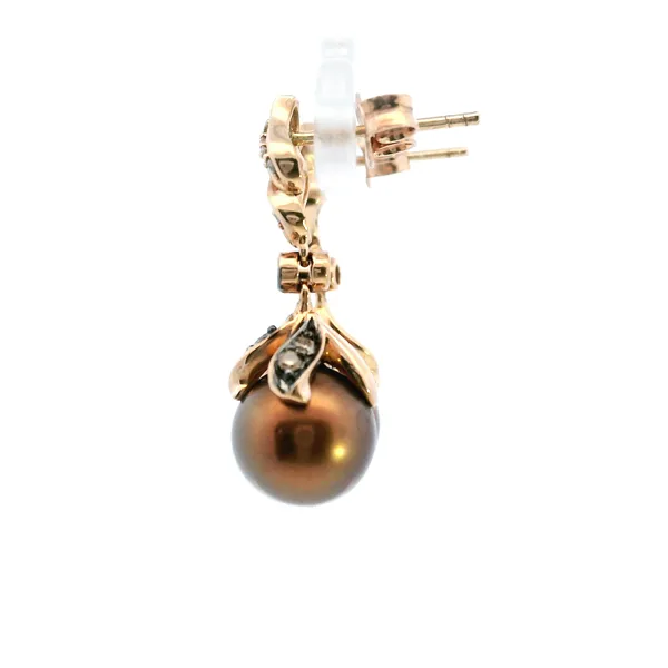 Estate 14KR Brown Pearl and Chocolate Diamond Dangle Earrings Image 4 Kiefer Jewelers Lutz, FL