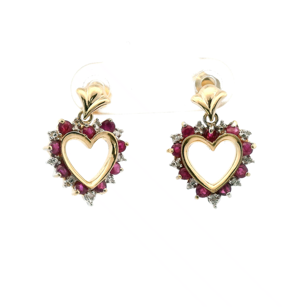 Estate 14KY Ruby and Diamond Heart Dangle Earrings Kiefer Jewelers Lutz, FL
