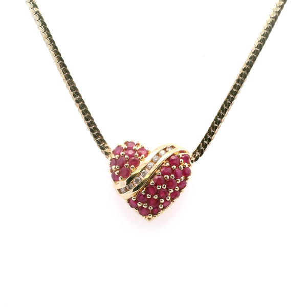 Estate 14KY Pave Ruby and Diamond Puffed Heart Necklace Kiefer Jewelers Lutz, FL