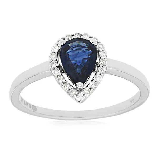 14K white gold natural pear shaped sapphire ring with natural diamond halo Lake Saint Louis Jewelers Lake Saint Louis, MO