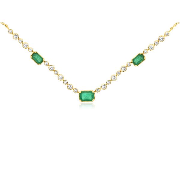 14k yellow gold natural emerald and diamond necklace with an adjustable 18