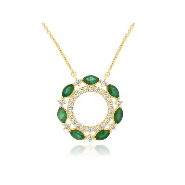 14k yellow gold natural emerald and diamond pendant with 18