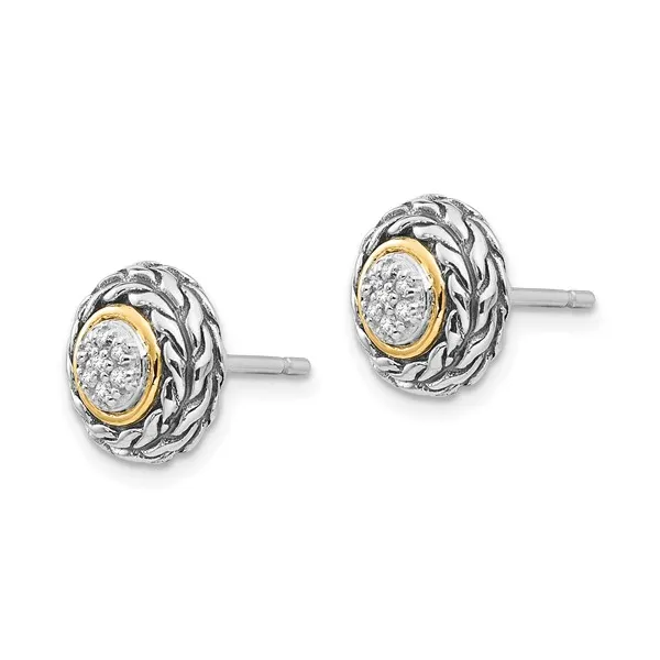 Sterling Silver Antiqued with 14K Accent Diamond Post Earrings. Image 2 Lake Saint Louis Jewelers Lake Saint Louis, MO