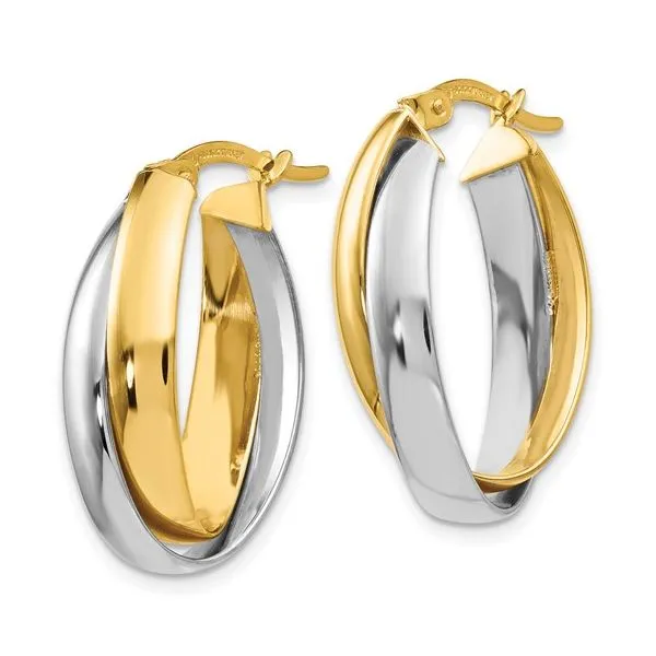 14K yellow and white gold polished twist oval hoop earrings Image 2 Lake Saint Louis Jewelers Lake Saint Louis, MO