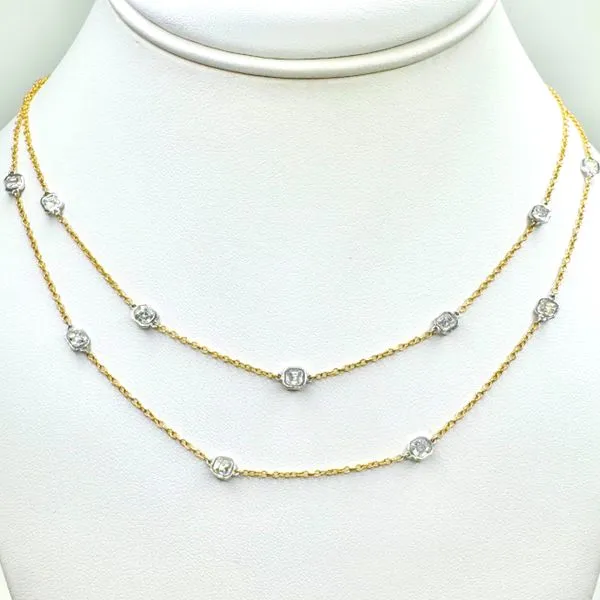18k yellow gold and 19k white gold custom double layered natural assher diamond bezel station necklace Lake Saint Louis Jewelers Lake Saint Louis, MO