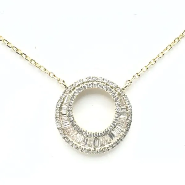 14k yellow gold natural baguette and round circle diamond necklace. Lake Saint Louis Jewelers Lake Saint Louis, MO