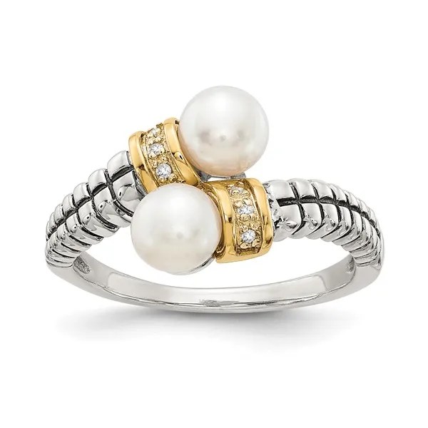 Sterling Silver with 14K Accent Antiqued 5.5-6mm Freshwater Cultured Pearl and Diamond By-Pass Ring Lake Saint Louis Jewelers Lake Saint Louis, MO