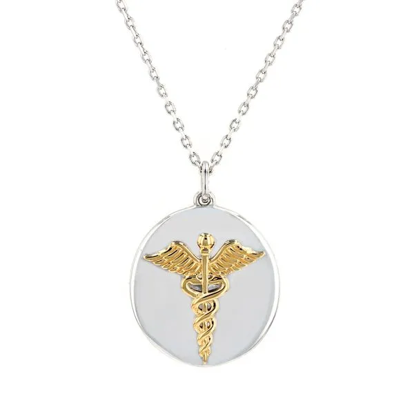 Caduceus "Medical Hero Medallion" pendant sterling and gold on a 16"-18" adjustable link chain La Mine d'Or Moncton, NB