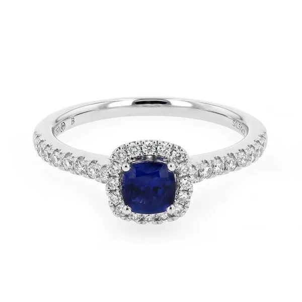 0.85tw Cushion Cut Halo Sapphire & Diamond Ring 18kt White Gold La Mine d'Or Moncton, NB