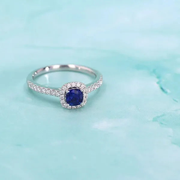 0.85tw Cushion Cut Halo Sapphire & Diamond Ring 18kt White Gold Image 3 La Mine d'Or Moncton, NB