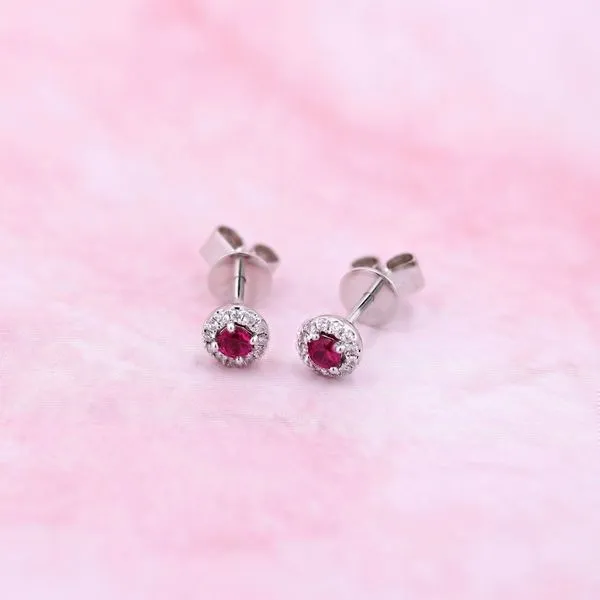 0.40tw Ruby and Diamond Halo Stud Earrings in 18kt White Gold Image 3 La Mine d'Or Moncton, NB