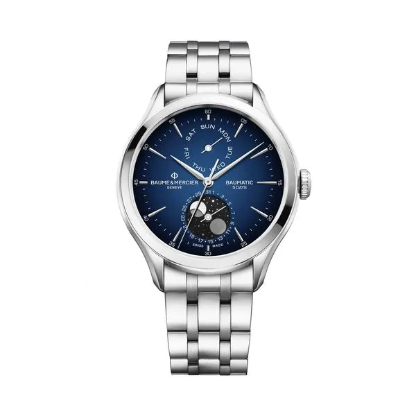 Baume & Mercier Clifton Automatic Moonphase Watch Blue Dial 42mm La Mine d'Or Moncton, NB