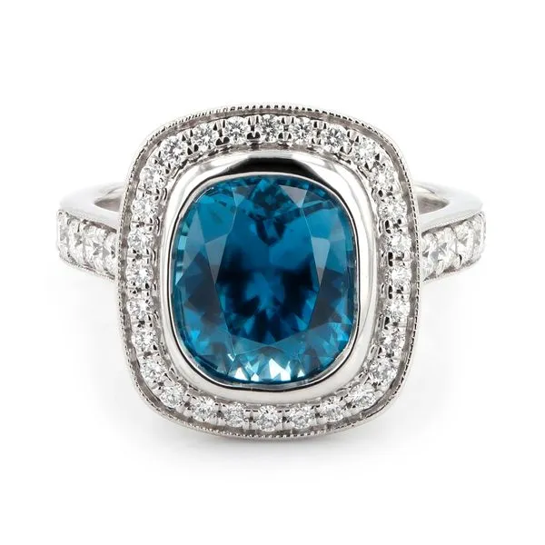 5.90ct Blue Zircon and Diamond Halo Ring La Mine d'Or Moncton, NB