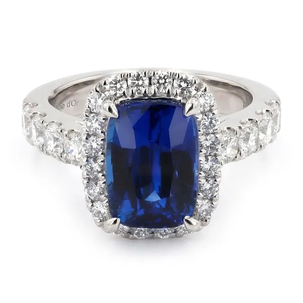 5.13ct Sapphire and Diamond Halo Platinum Ring La Mine d'Or Moncton, NB