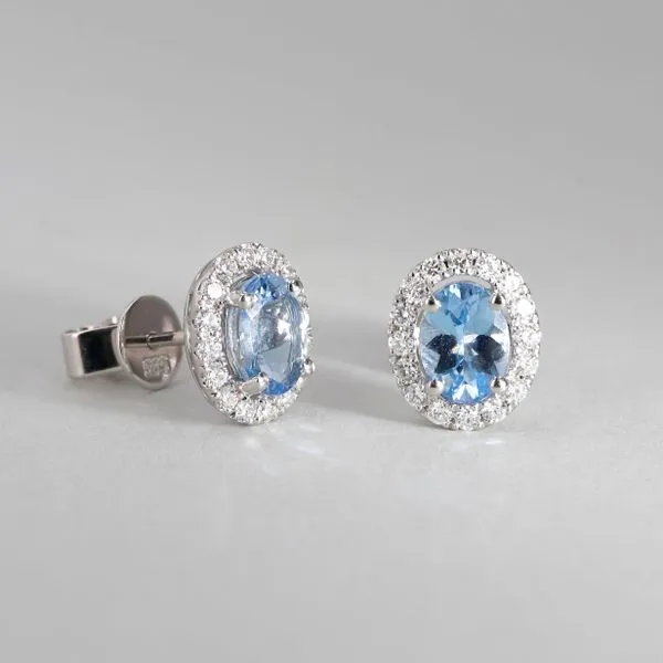 1.40tw Oval Aquamarine and 0.40tw Diamond Halo Stud Earrings Image 2 La Mine d'Or Moncton, NB