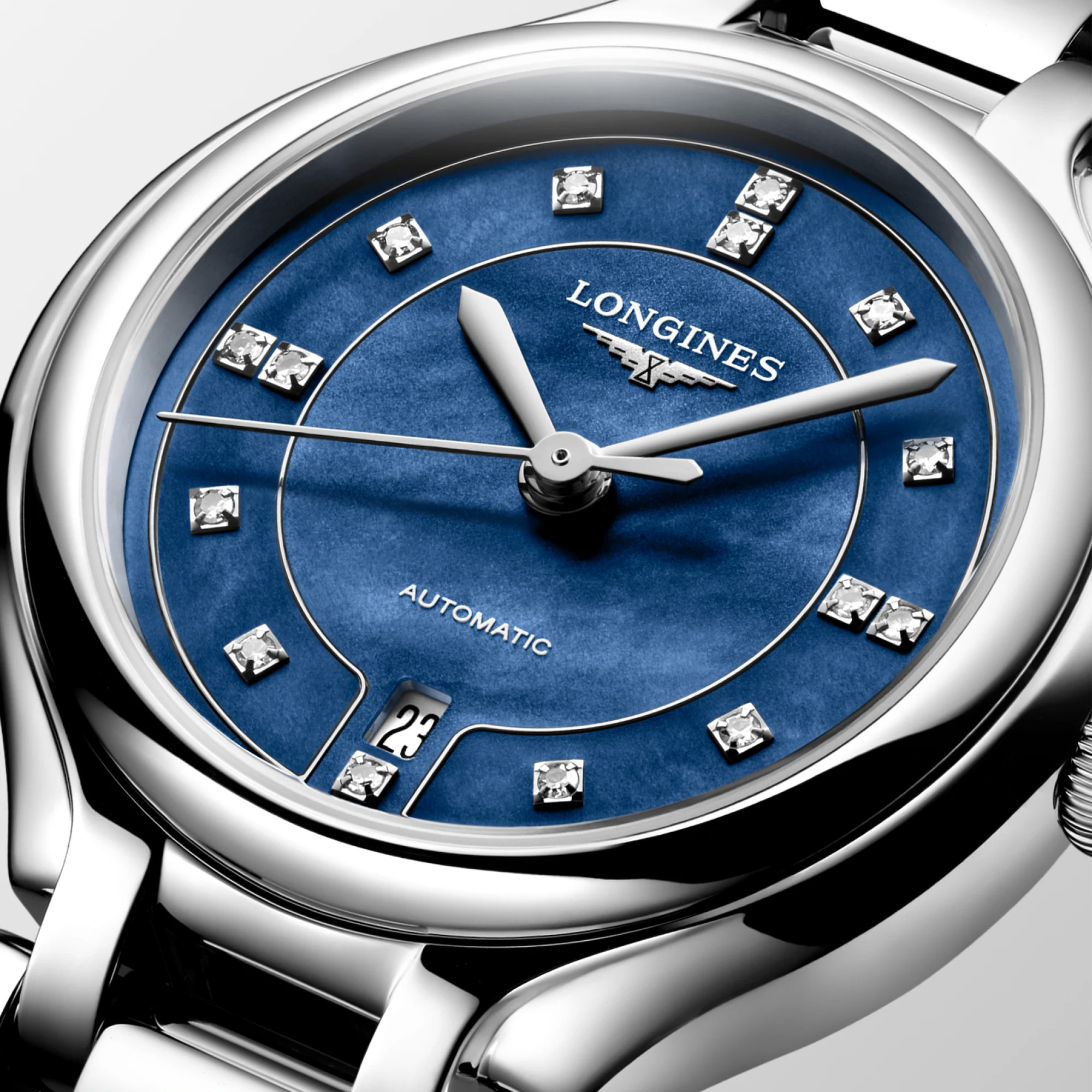 Longines PrimaLuna Automatic Diamond Set Blue MOP Dial 30mm Image 2 La Mine d'Or Moncton, NB