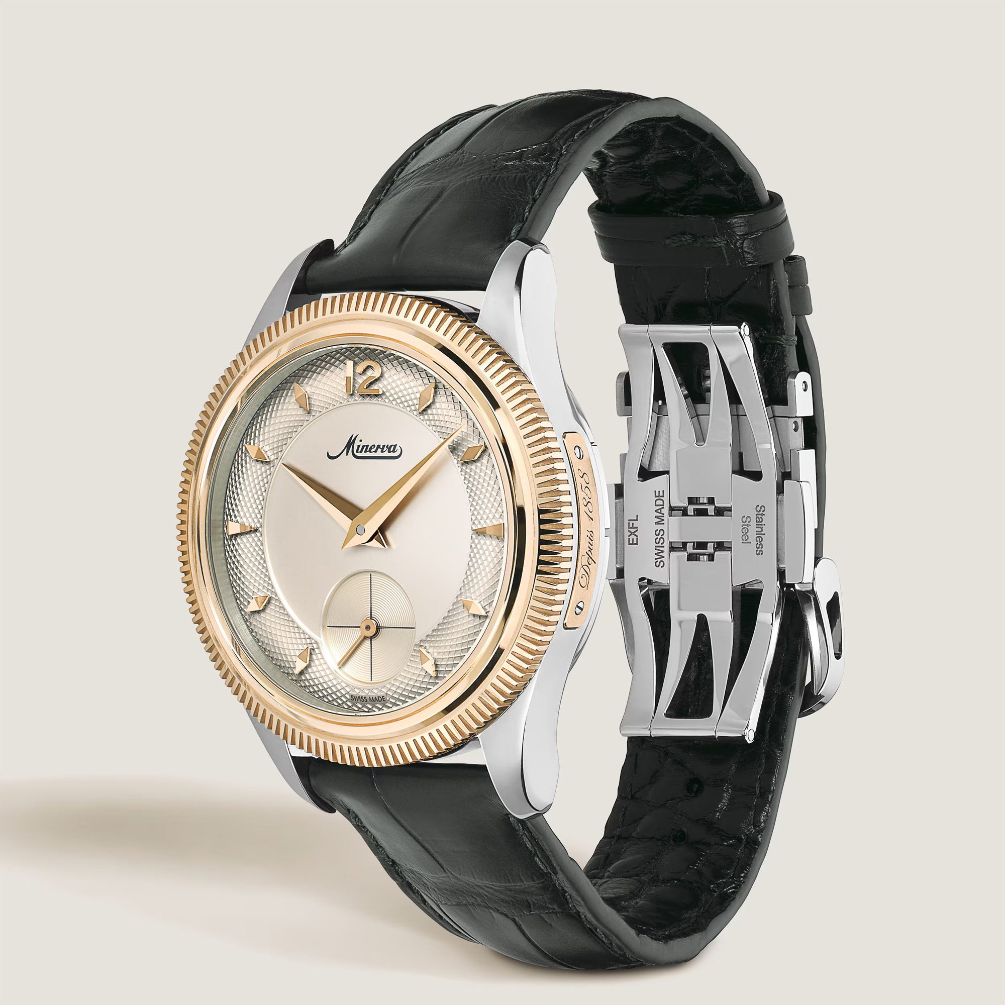 Minerva The Unveiled Crownless Steel and 18kt Rose Gold Guilloche Dial Image 2 La Mine d'Or Moncton, NB