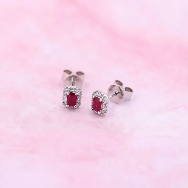 0.60tw Ruby and Diamonds Halo Stud Earrings in 18kt White Gold Image 2 La Mine d'Or Moncton, NB