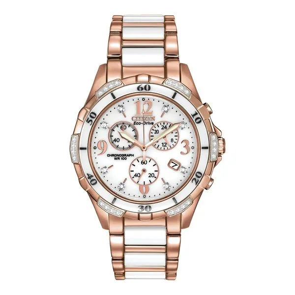 Citizen Eco-Drive Rosetone and White Ceramic with 32 Diamonds on Chronograph Dial La Mine d'Or Moncton, NB