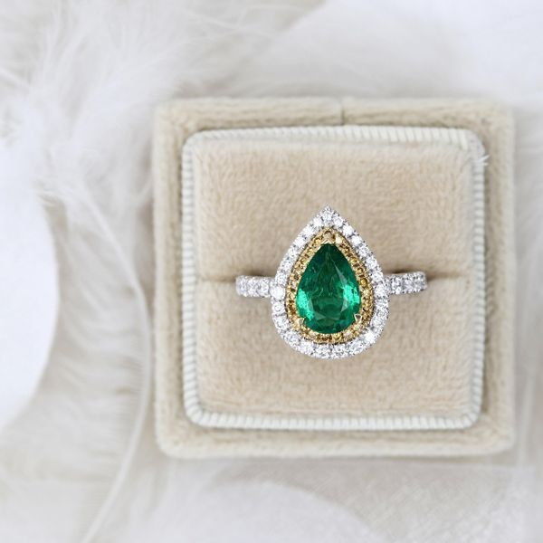 2.01tw Pear Shaped Emerald and Diamond Halo Ring Image 3 La Mine d'Or Moncton, NB