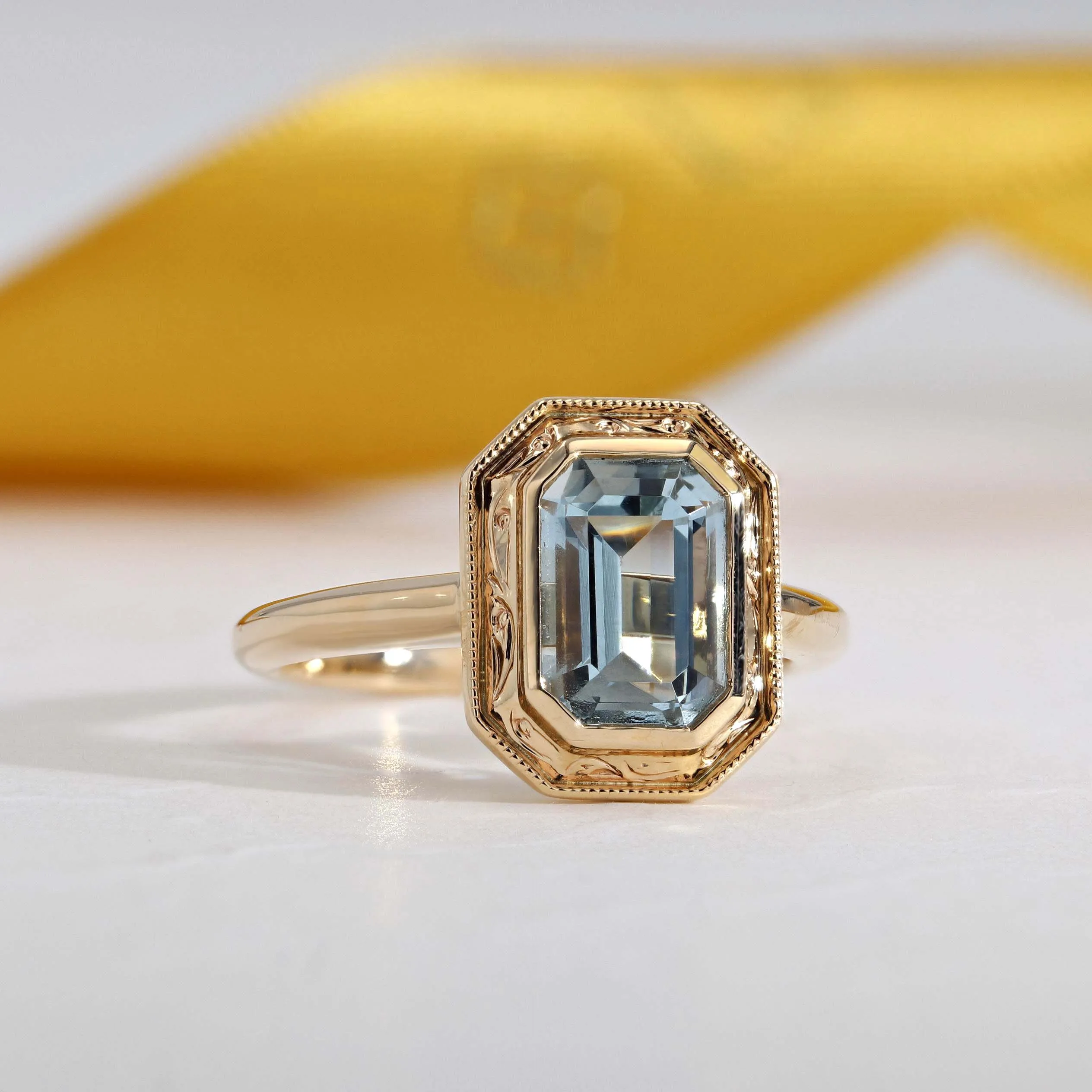 1.70ct Emerald Cut Vintage Engraved Bezel Solitaire Aquamarine Ring 14kt Yellow Gold Image 3 La Mine d'Or Moncton, NB